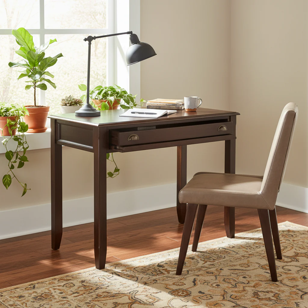 42-Inch Solid Wood Office Desk (Transitional Style, Mahogany Brown)