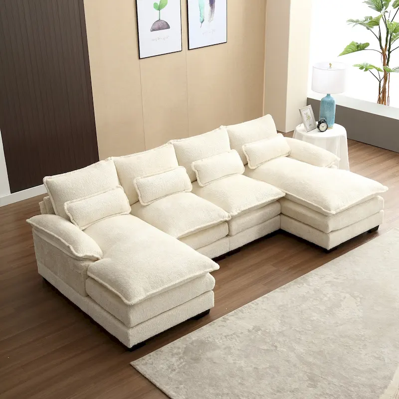 Chenille Upholstered U-Shaped Living Room Sectional Sofa With Wooden Legs