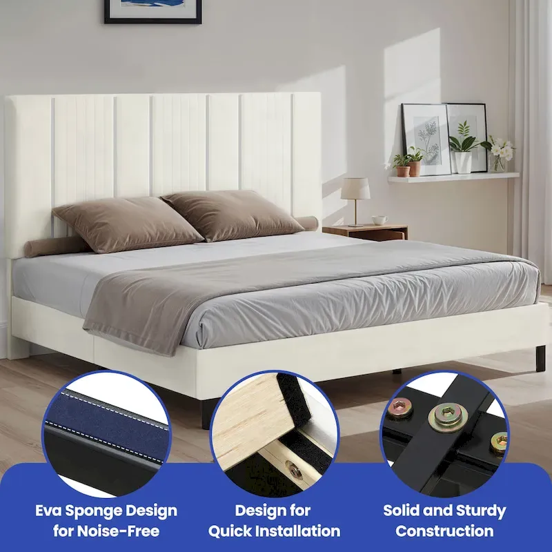 52 King Vertical Channel Tufted Headboard Velvet Upholstered Platform Bed Frame