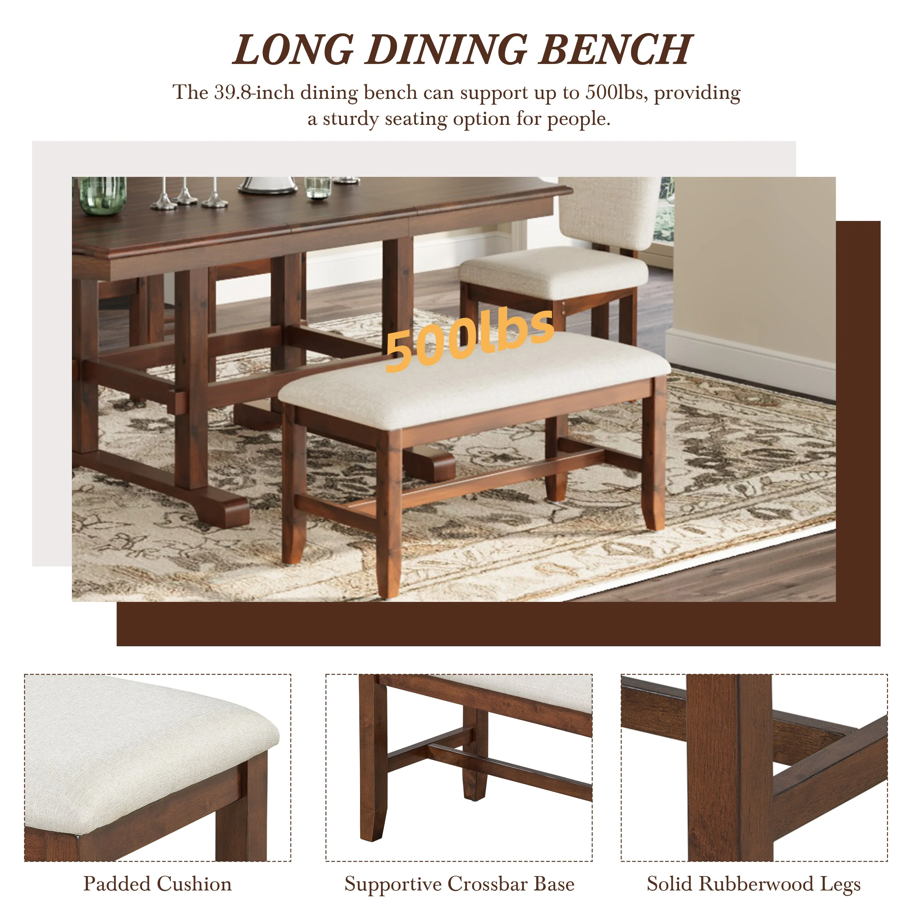 Traditional Farmhouse 6 Pieces 78 Extendable Dining Table Set with Bench