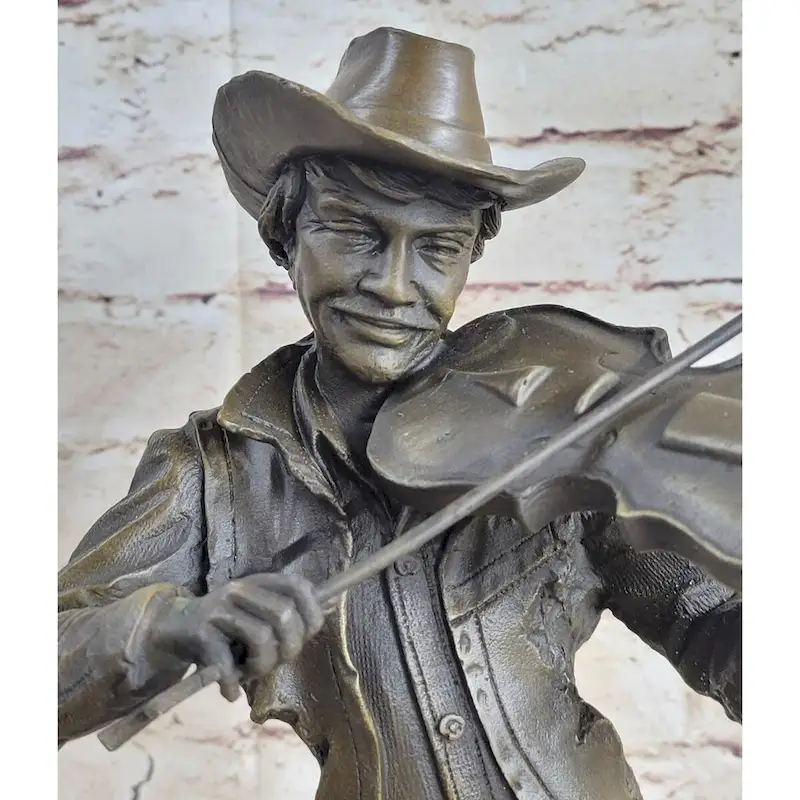 Cowboy Playing Violin Fiddle Music Bronze Sculpture Marble Statue Figurine