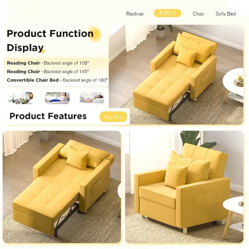AECOJOY Adjustable Sleeper Chair Bed 3-in-1 Convertible Futon Sofa