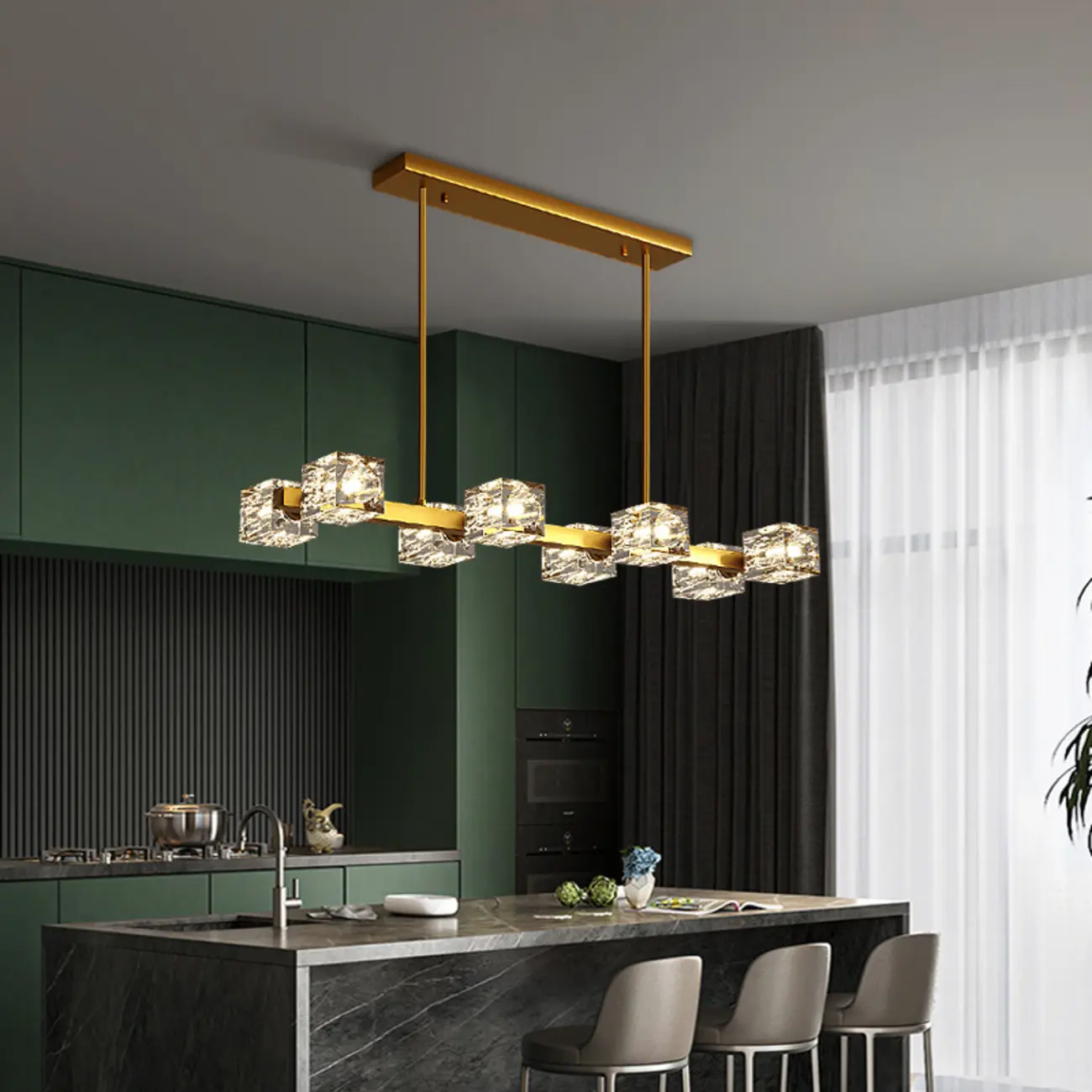 Glamorous Golden Square Crystal Island Pendant Light