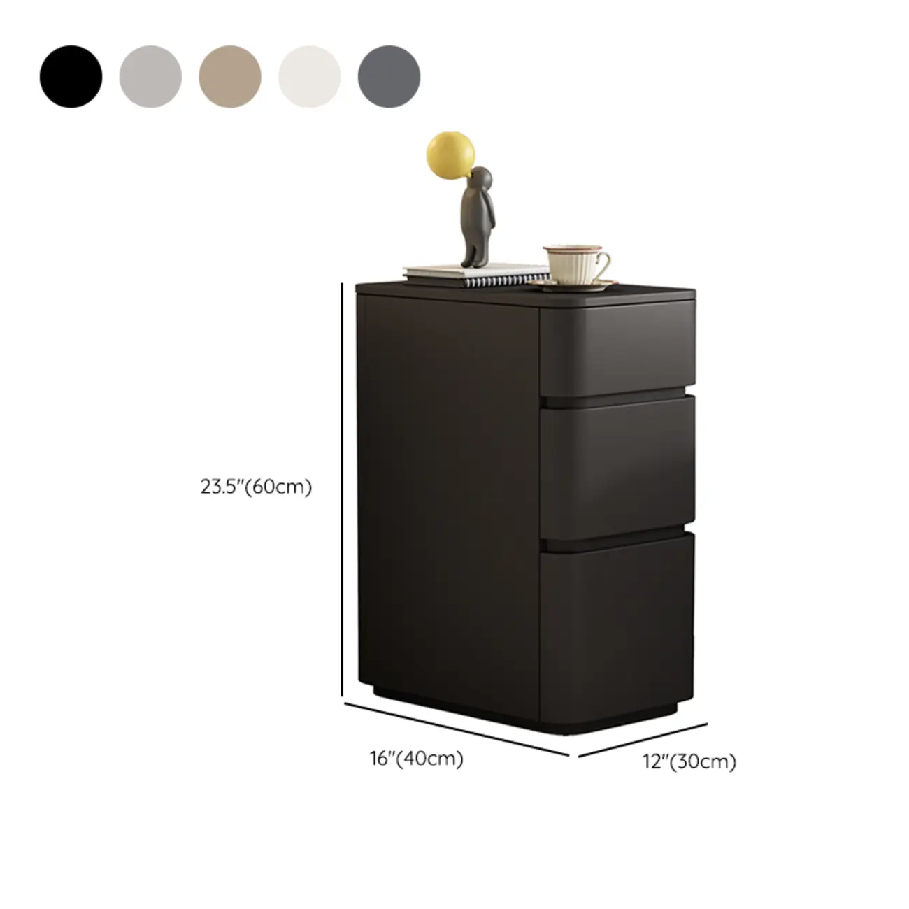 Narrow Leather Wood 3-Drawer Black Nightstand