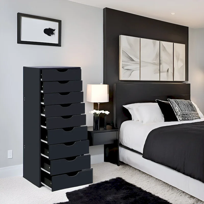 Narrow Wooden 9-Drawer Cabinet with Smooth-Glide Drawers and Top Storage Shelf