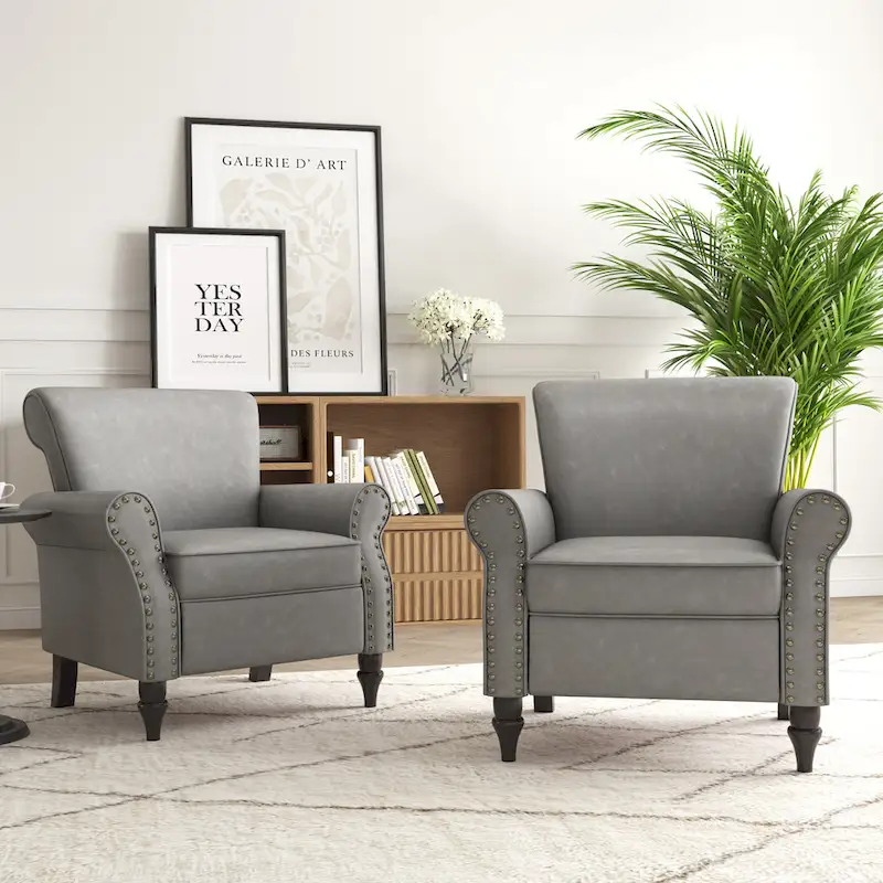PU Leather Accent Chair, Brown/Black/Grey, Rolled Arms, Nailhead Trim, Set of 2, Seats 2