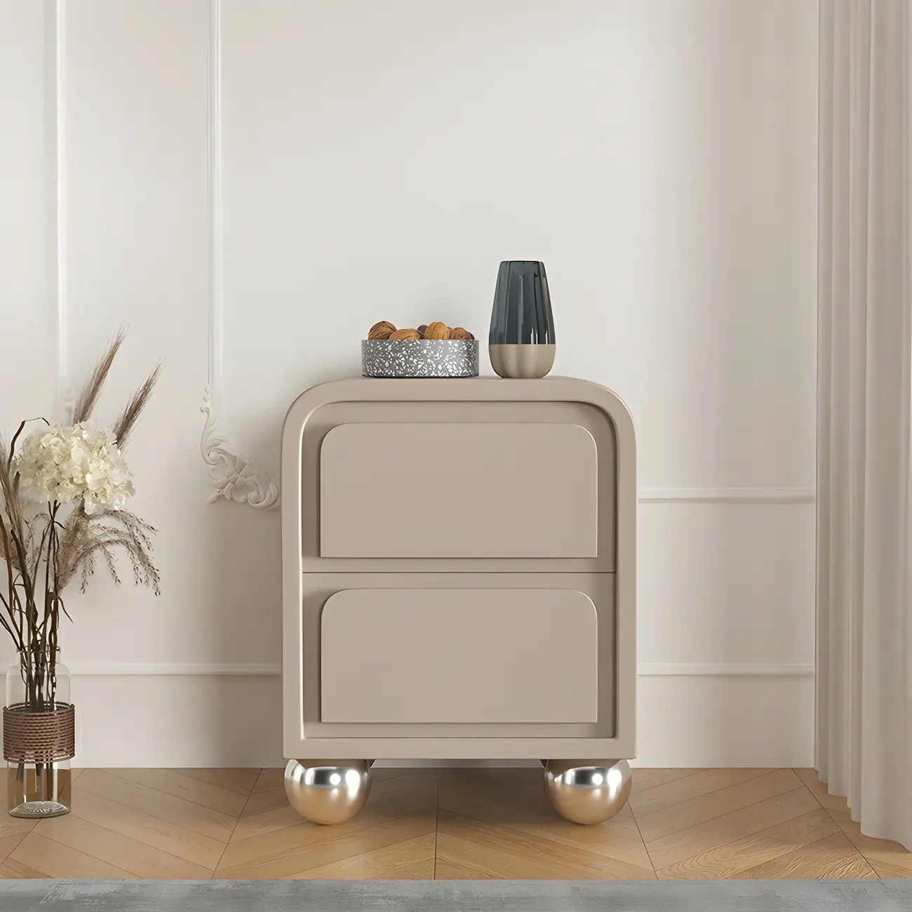 Narrow Off-White Faux Leather 2 Drawers Nightstand