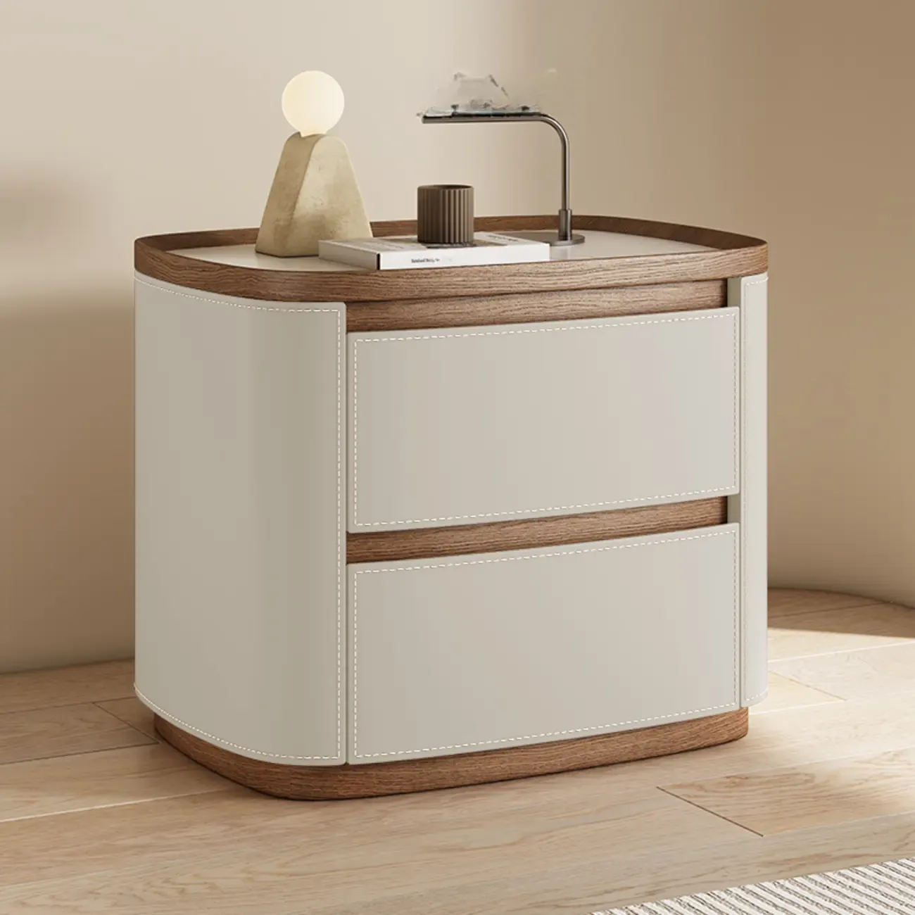 Trendy Low Tray-Top 2 Layer Solid Wood Nightstand