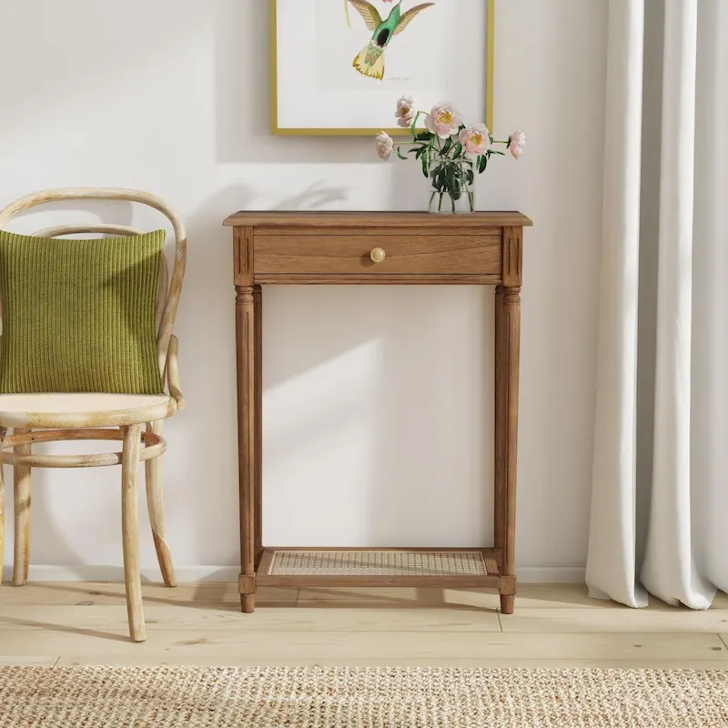1-drawer Solid Wood Console Accent Table with Cane Shelf