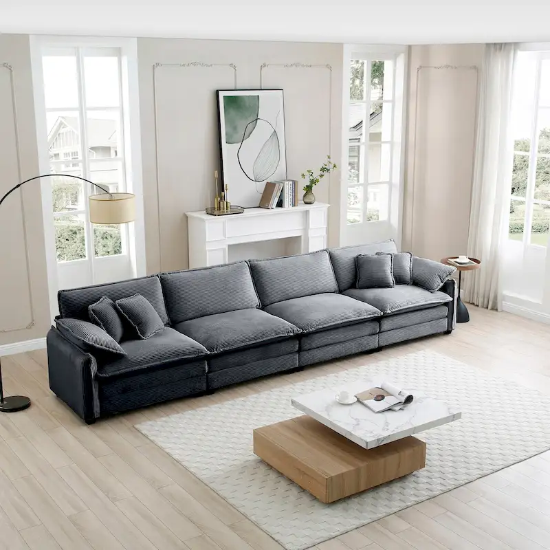 Grey 150  Corduroy 4-Seater Modular Sectional Sofa, 6 Pillows & Free Combination