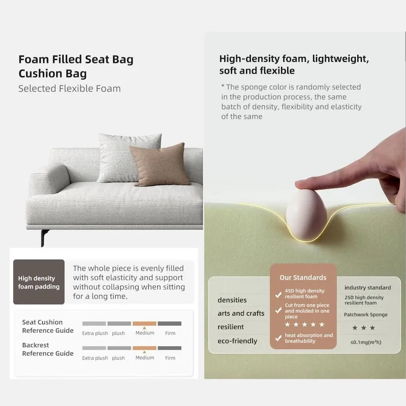 Square Arm Fabric Straight Sofa in Beige