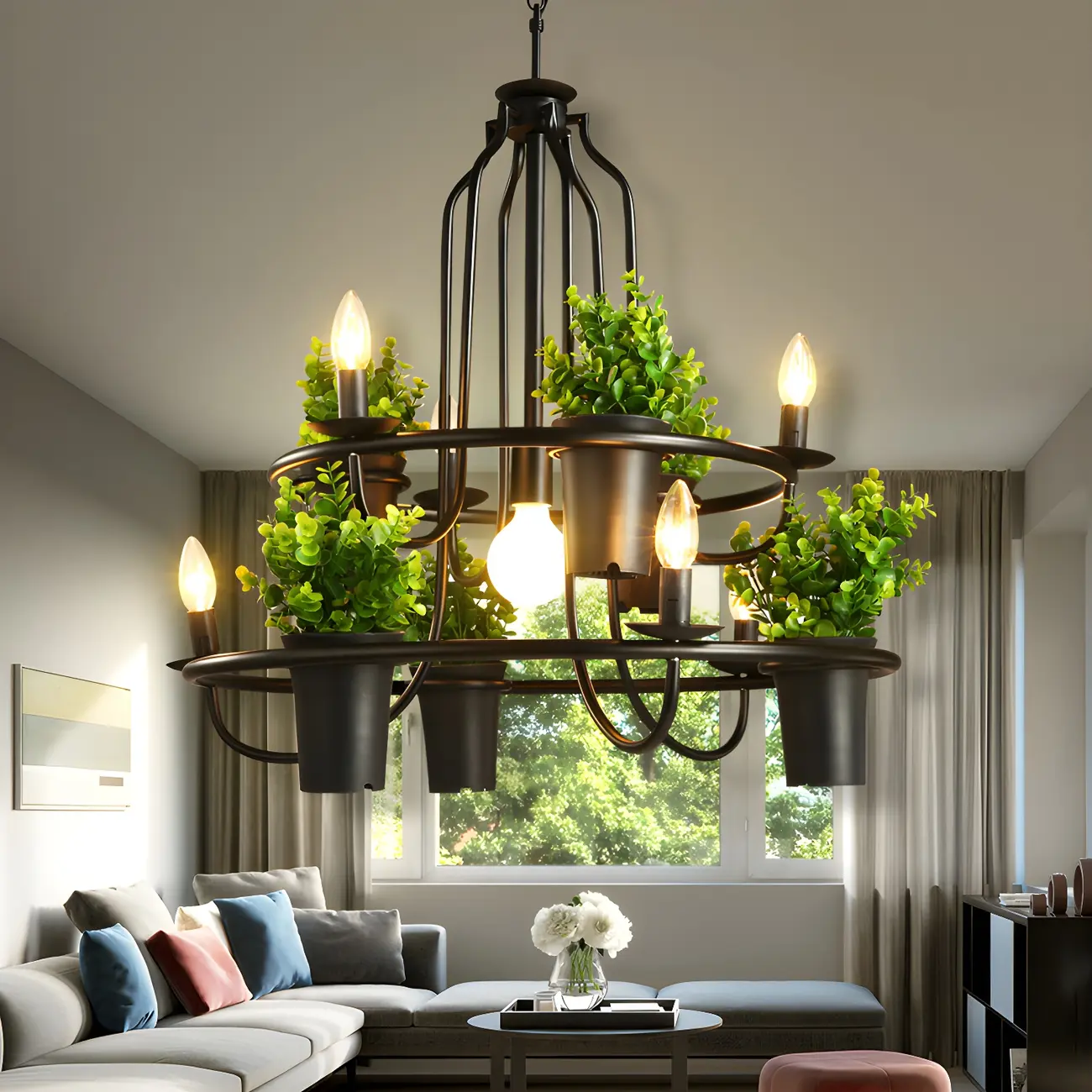 Black Metal Circular Modern Plant Chandelier