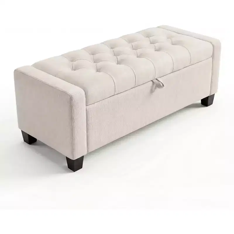 Beige / Gray Tufted Storage Ottoman Bench, 2-Person, Slow-Close Hinge