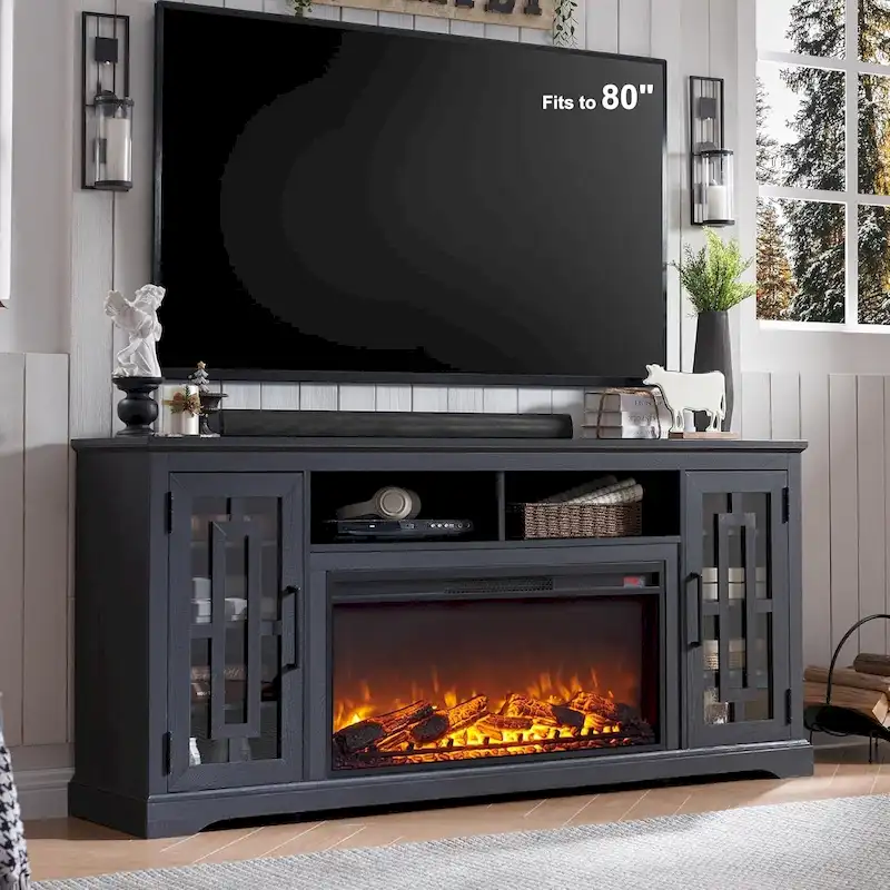 Farmhouse Fireplace TV Stand for 80 Inch TV, Entertainment Center