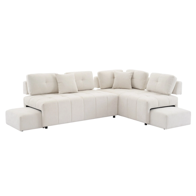 91.73 L-Shaped 4-Seat Sectional Sofa with 2 Hidden Stools, 2 Removable Lumbar Cushions, and Durable Chenille Fabric