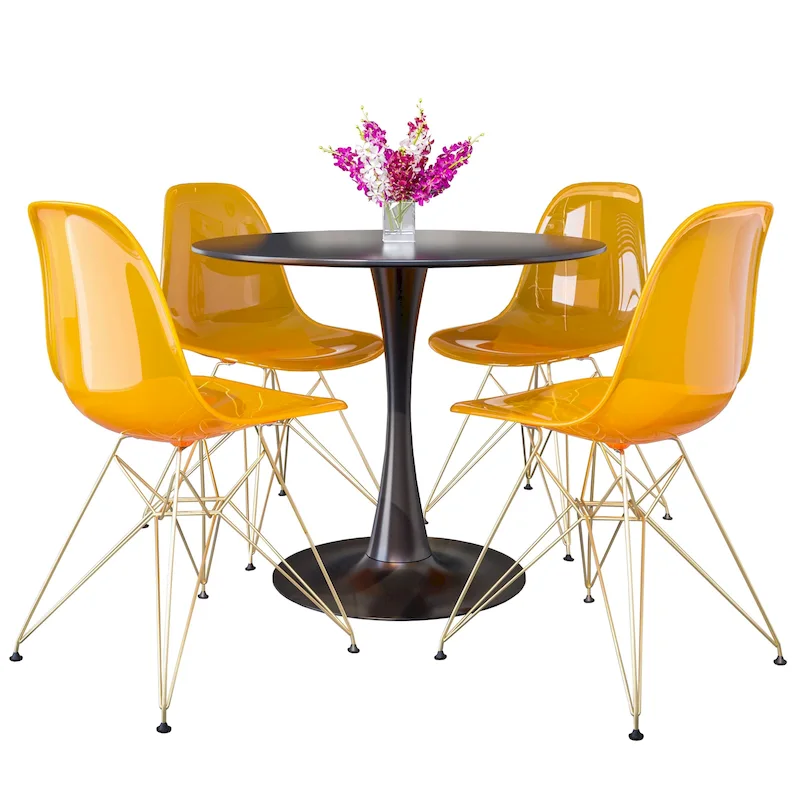 5-Piece Dining Set with 35 Round MDF Table and 4 ABS Plastic Side Chair with Gold Metal Legs