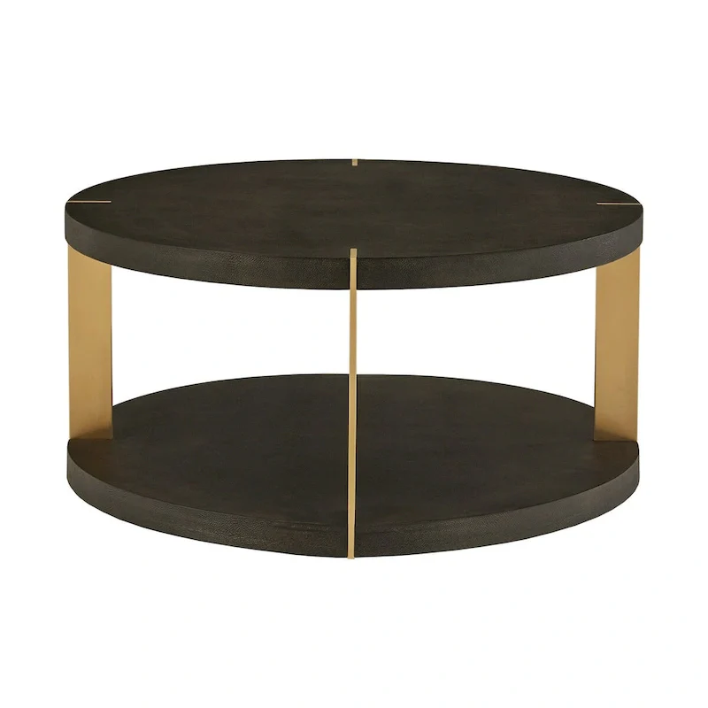 Gold Finish Metal Dark Brown Faux Shagreen Round Table Set