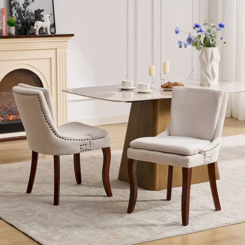 Modern Dining Chairs Set of 2,Chenille Upholstered Dining Chairs,Living Room Accent Leisure Chairs with Curved Solid Wood Legs