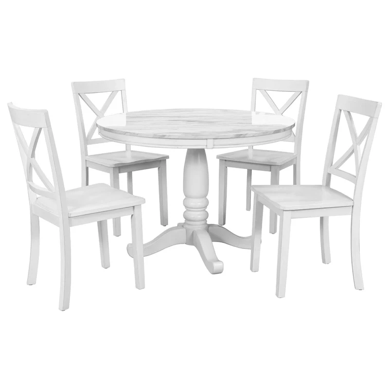 Modern Style Wooden 5-Piece Dining Set with Round Table amd 4 Upholstered Chairs