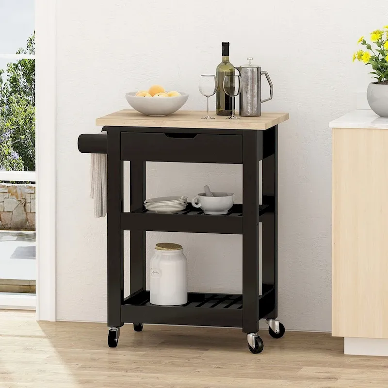 Compact Wooden Kitchen Cart with Wheels Shelves and Drawer