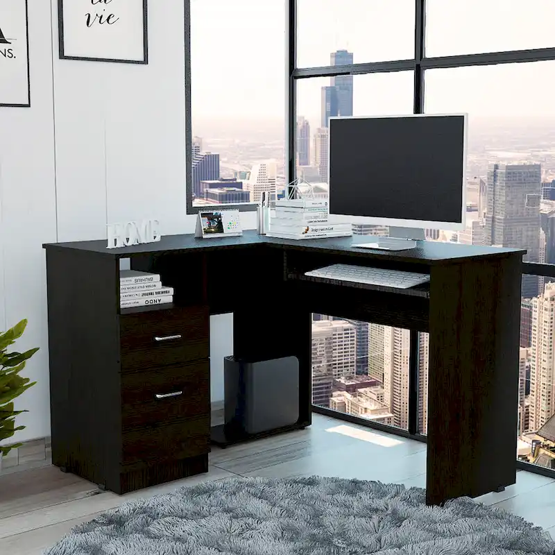 TUHOME Mix L-Shaped Desk with Open Shelving, 2 Drawers, and a Retractable Keyboard