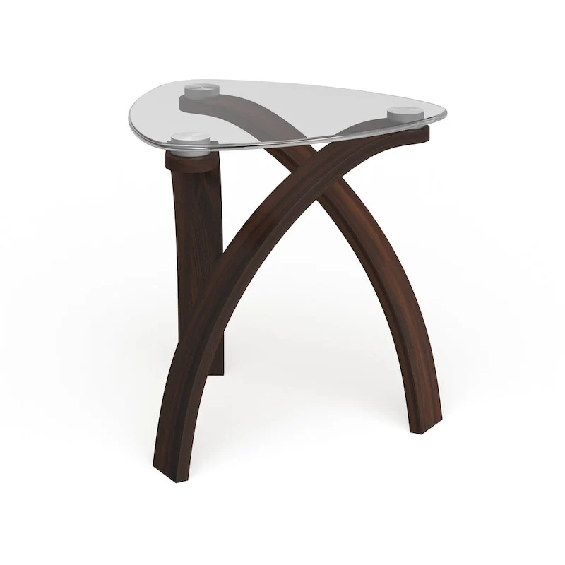 Modern Glass Top End Table, Cherry, Crossed Arch Base, Walnut Veneer