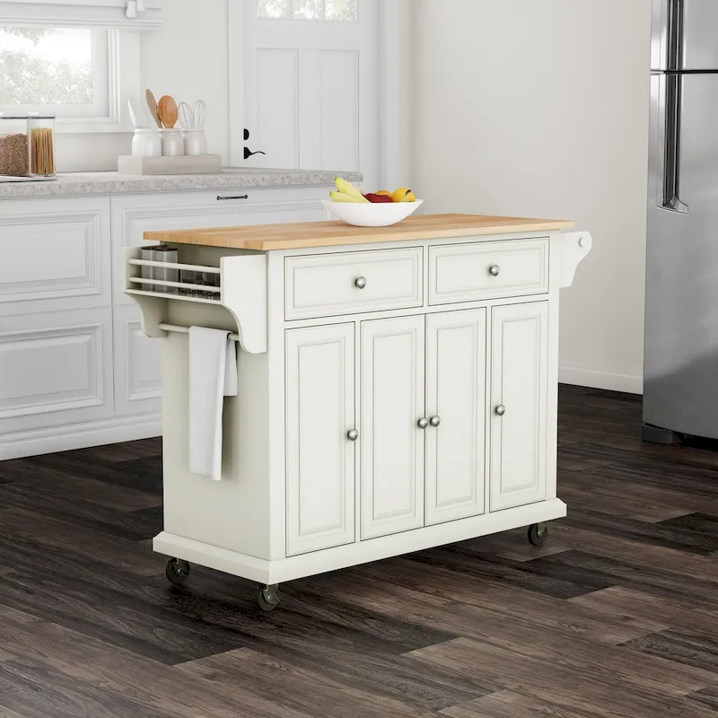 Crosley Full Size White Natural Wood Top Kitchen Cart Island - 18d x 51.5w x 36h