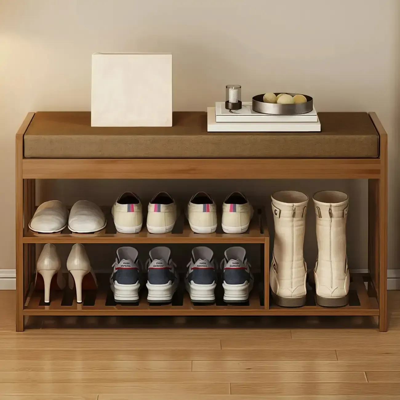 Classic Brown Bamboo Cushioned Shoe Storage Bench