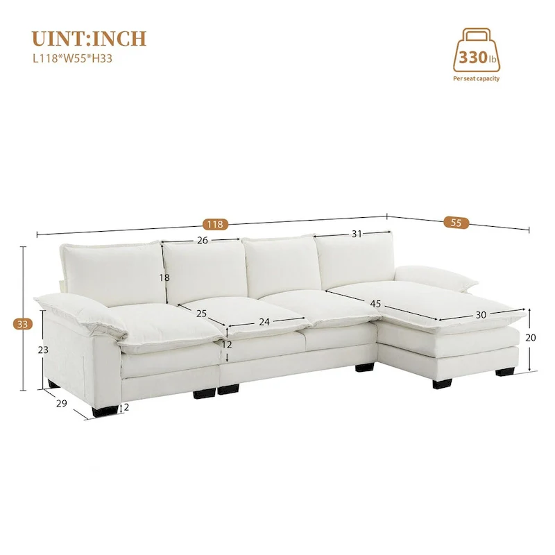 118*55 L-shaped Chenille Cloud Sofa with Double Seat Cushions, 5-seat Upholstered Sleeper Sofa Couch with Chaise Lounge