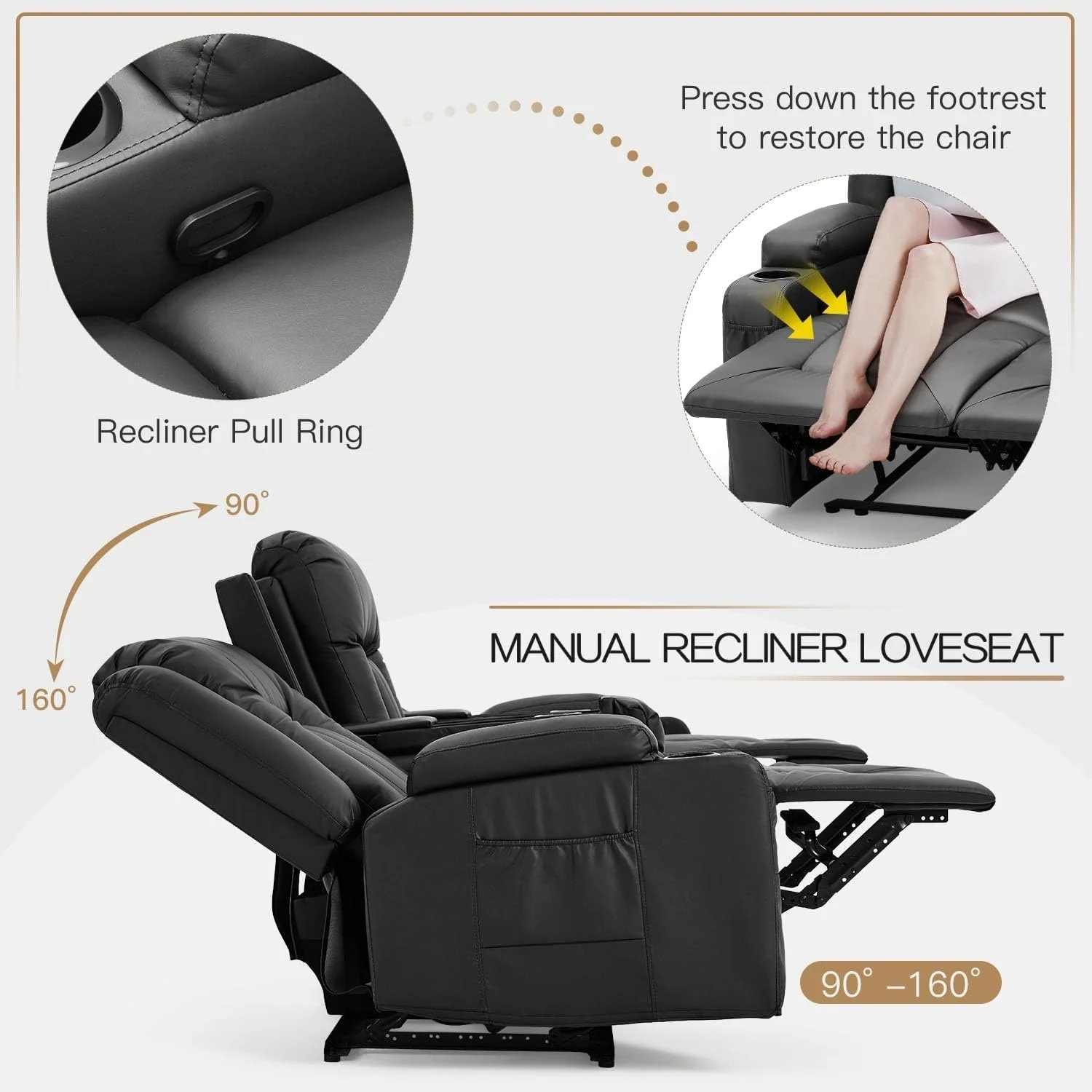 AECOJOY Recliner Sofa Manual RV Reclining Couch PU Home Theater Seating w/ Console