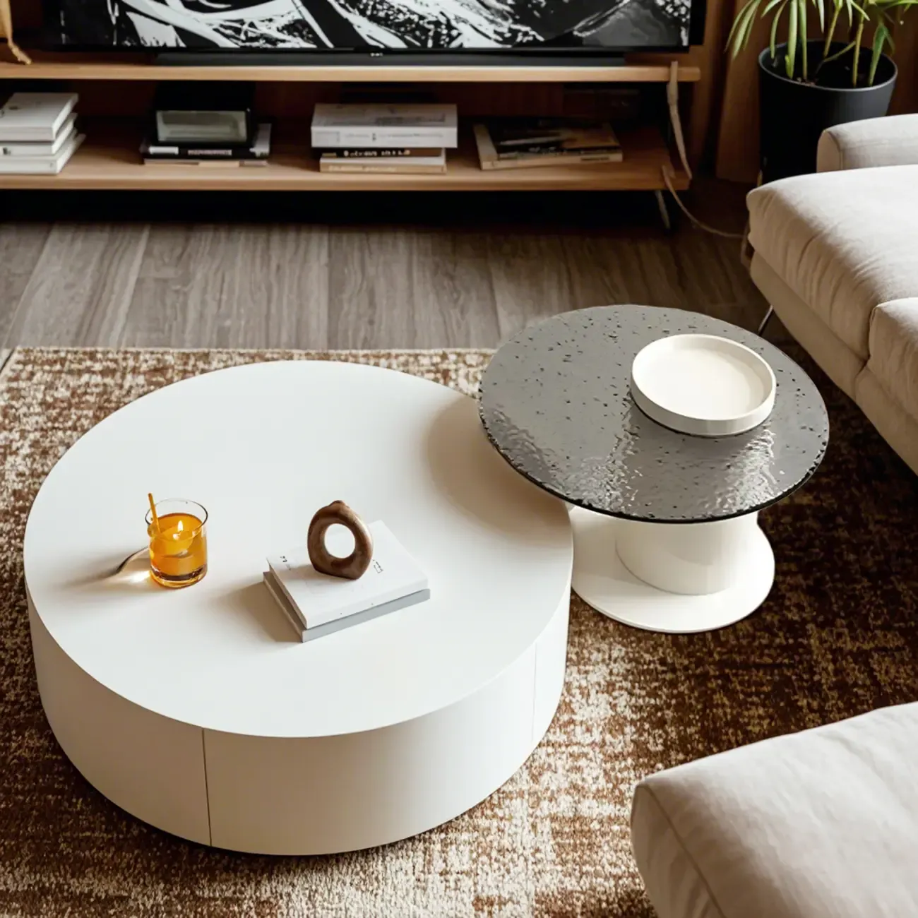 White Modern Round Sleek Drawer Coffee Table