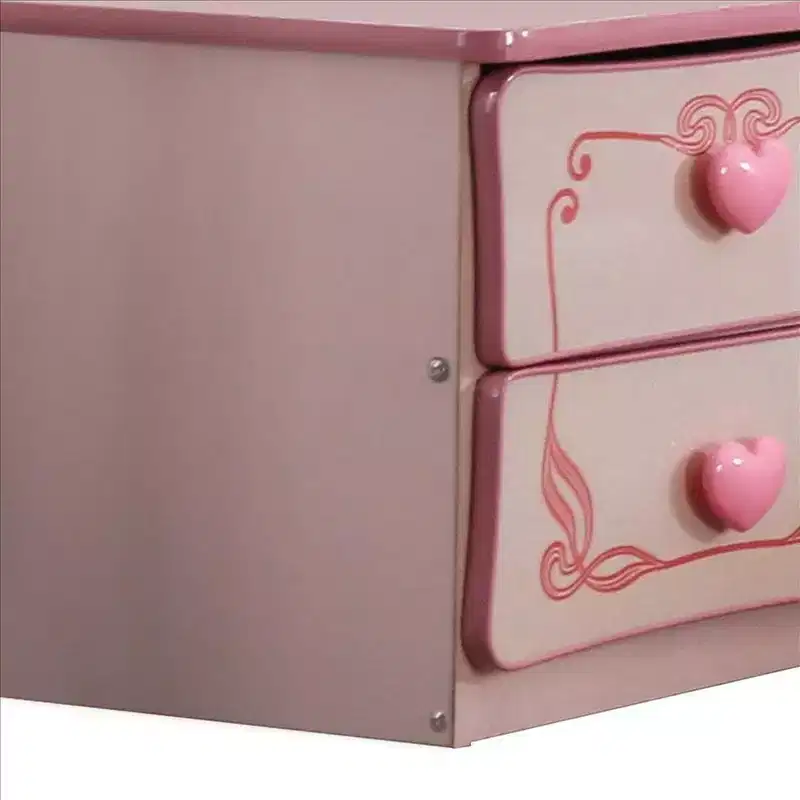 Royal Hampton 2 Drawer Wooden Nightstand with Heart Knob Pulls, Pink