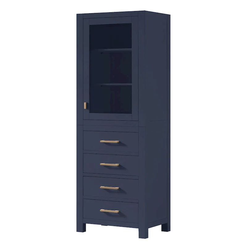 Chilled Gray Linen Tower with Glass Door, 4 Drawers & 2 Adjustable Shelves