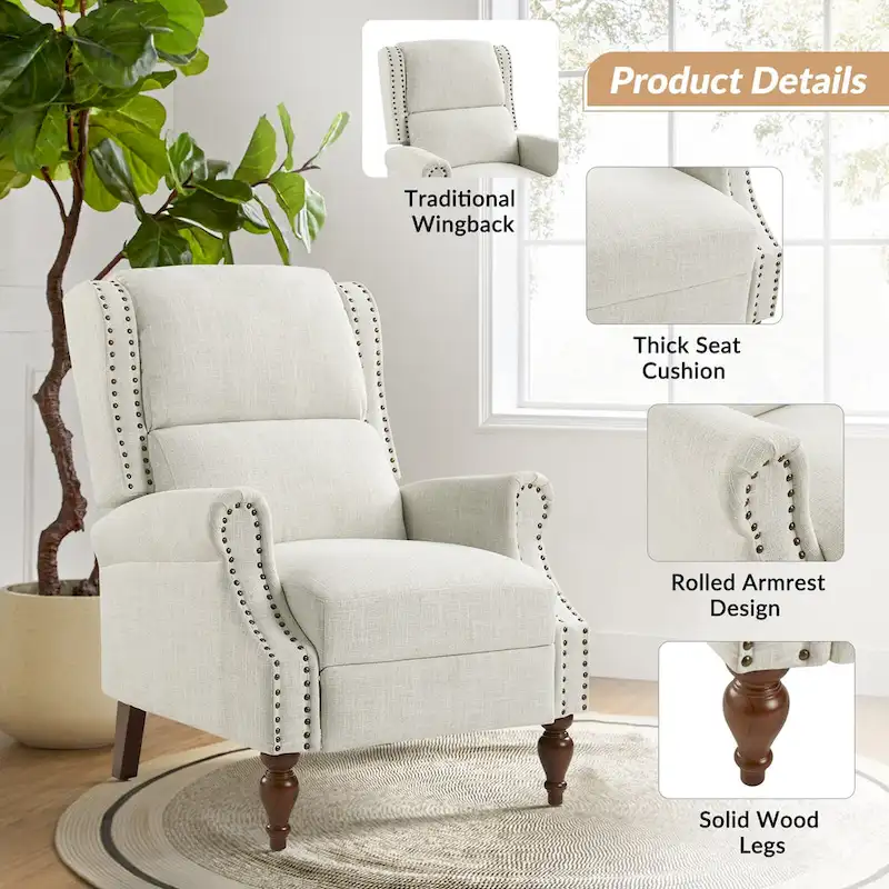 Traditional Roll Arm Manual Recliner with Solid Wood Legs