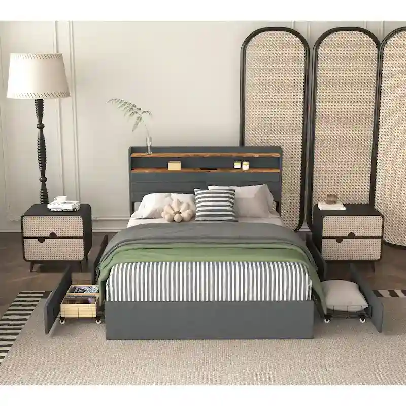 Queen Storage Bed - 4 Drawers, Upholstered Platform with LED & USB Charging