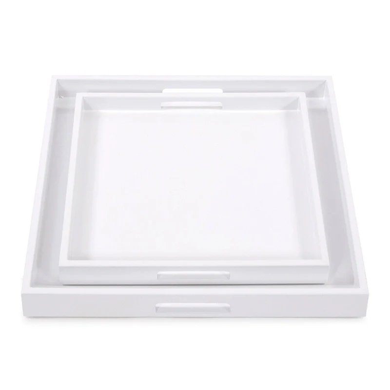 Allan Andrews White Lacquer Square Wood Tray Set with Handles