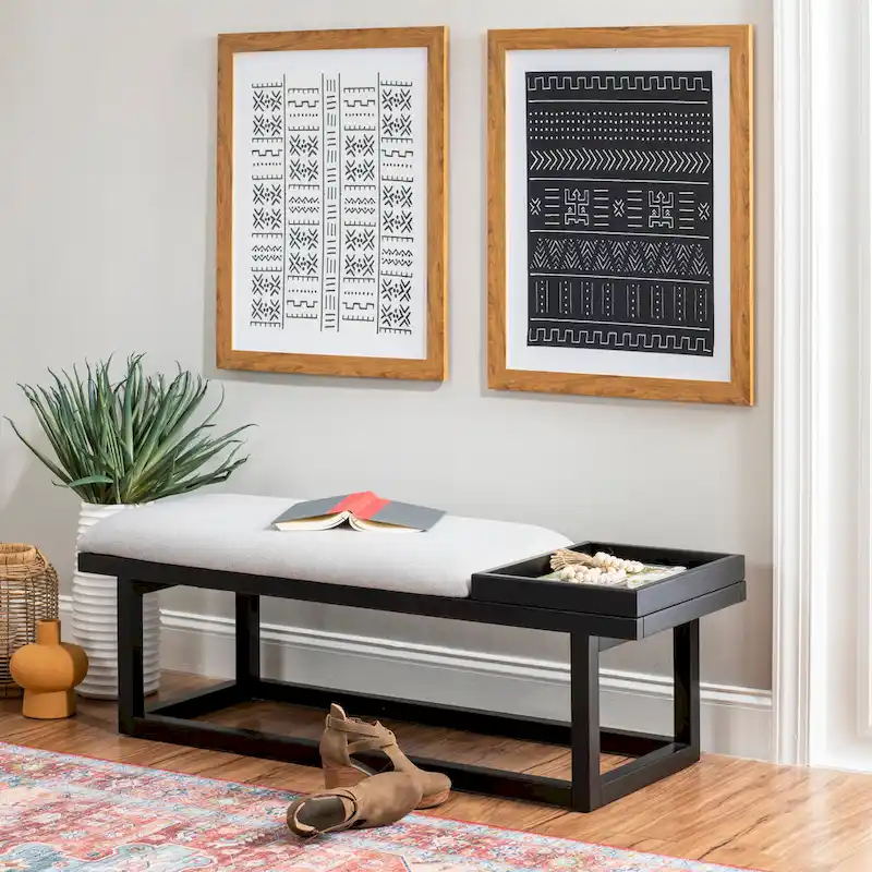 Aliza Grey Upholstered Solid Wood Bench with Tray