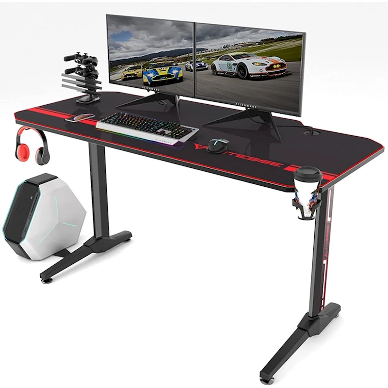 BOSSIN Ergonomic Gaming Desk T-Shaped Office PC Computer Desk with Full Desk Mouse Pad, Handle Rack, Cup Holder Headphone Hook