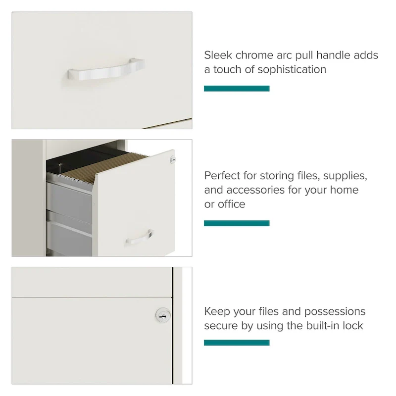 18 Deep 3 Drawer Mobile Metal Cabinet, Pearl White