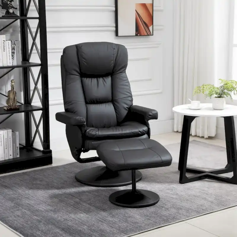 Swivel PU Leather Recliner Chair with Ottoman – Black, Single
