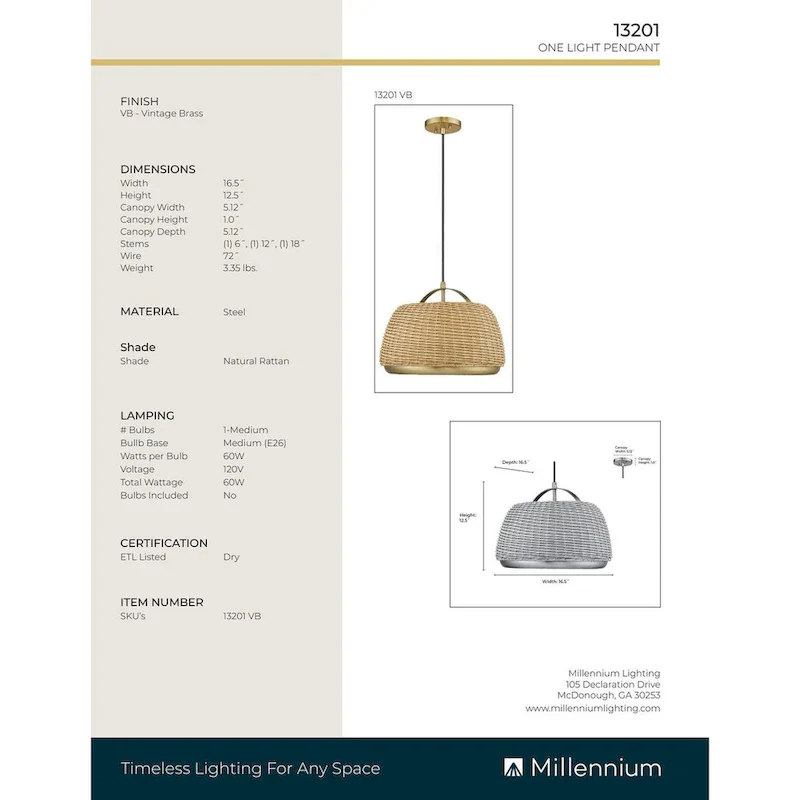 Millennium Lighting 1 Light Pendant Fixture - 12.5 Inch