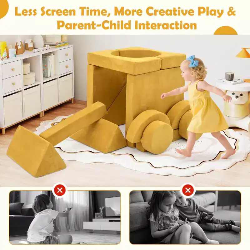 Costway 14 PCS Modular Kids Play Couch Child Sectional Sofa Toddler Soft Playset Blue/Gray/Yellow