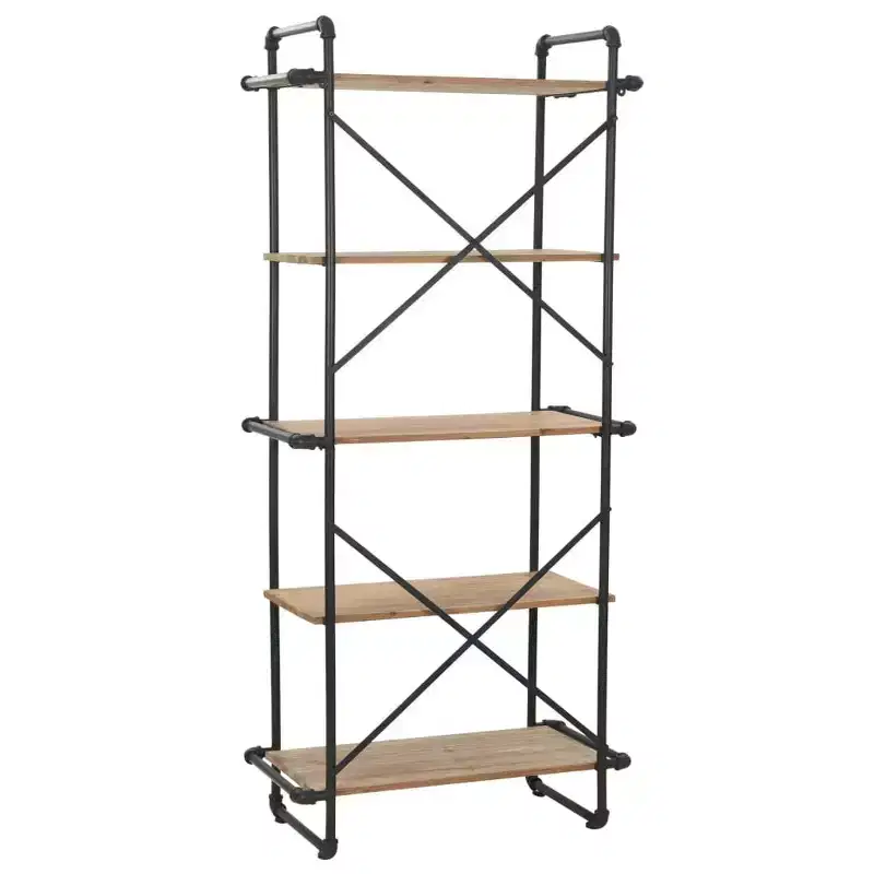 Black Industrial Bookshelf – Fir Wood & Steel, 5-Shelf