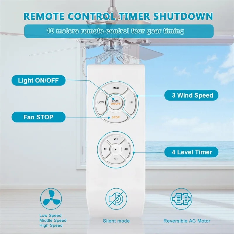 Crystal Ceiling Fan with Lights, Reversible Blades 3 Wind Speeds