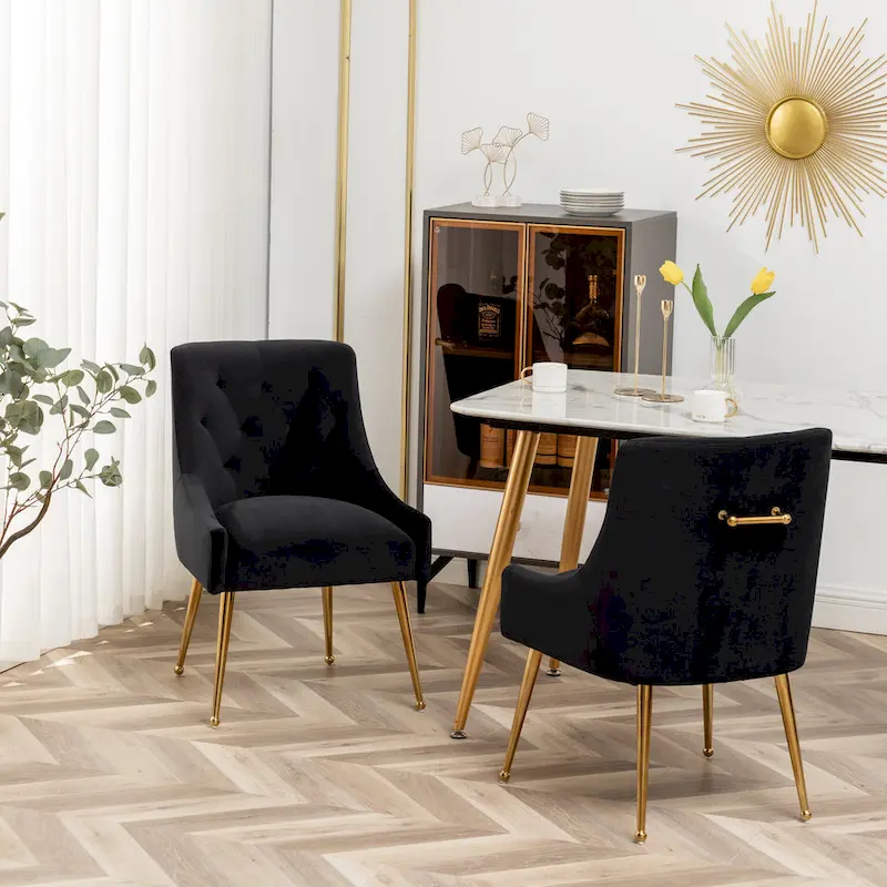 SEYNAR Modern Boucle Velvet Upholstered Accent Dining Chair Set of 2 Tufted Back Armless Chair with Golden Legs