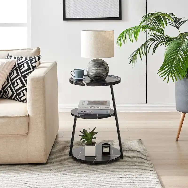 Skylar Round 3-Tier Side Accent Table with Raised Lip Edge Tabletop and Midcentury Modern Metal Asymmetric Pedestal Legs