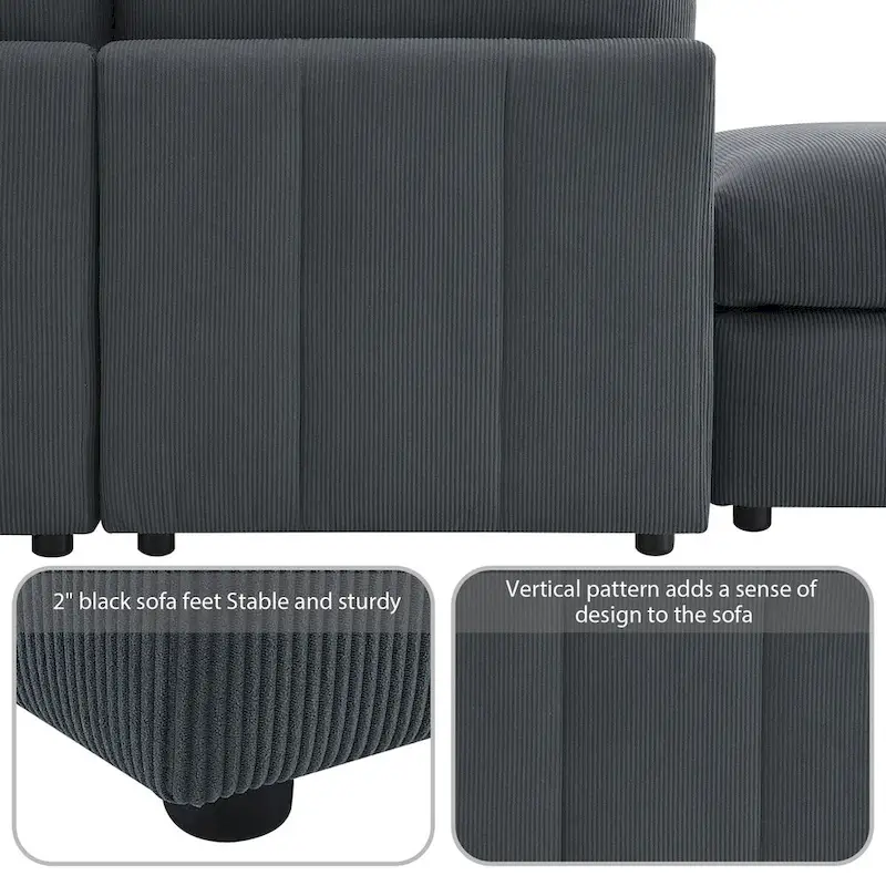 Modern L-Shape 5-Seat Sectional Sofa, Armless Couch Set,Ottomans,Various Combinations,Dark Gray
