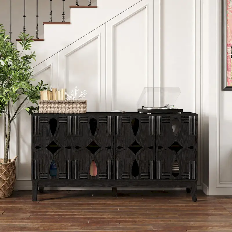 Hollow-Carved Accent Cabinet Sideboard Buffet Cabinet, 60.5  Entrance Storage Cabinet Media Console Table with 4 Doors