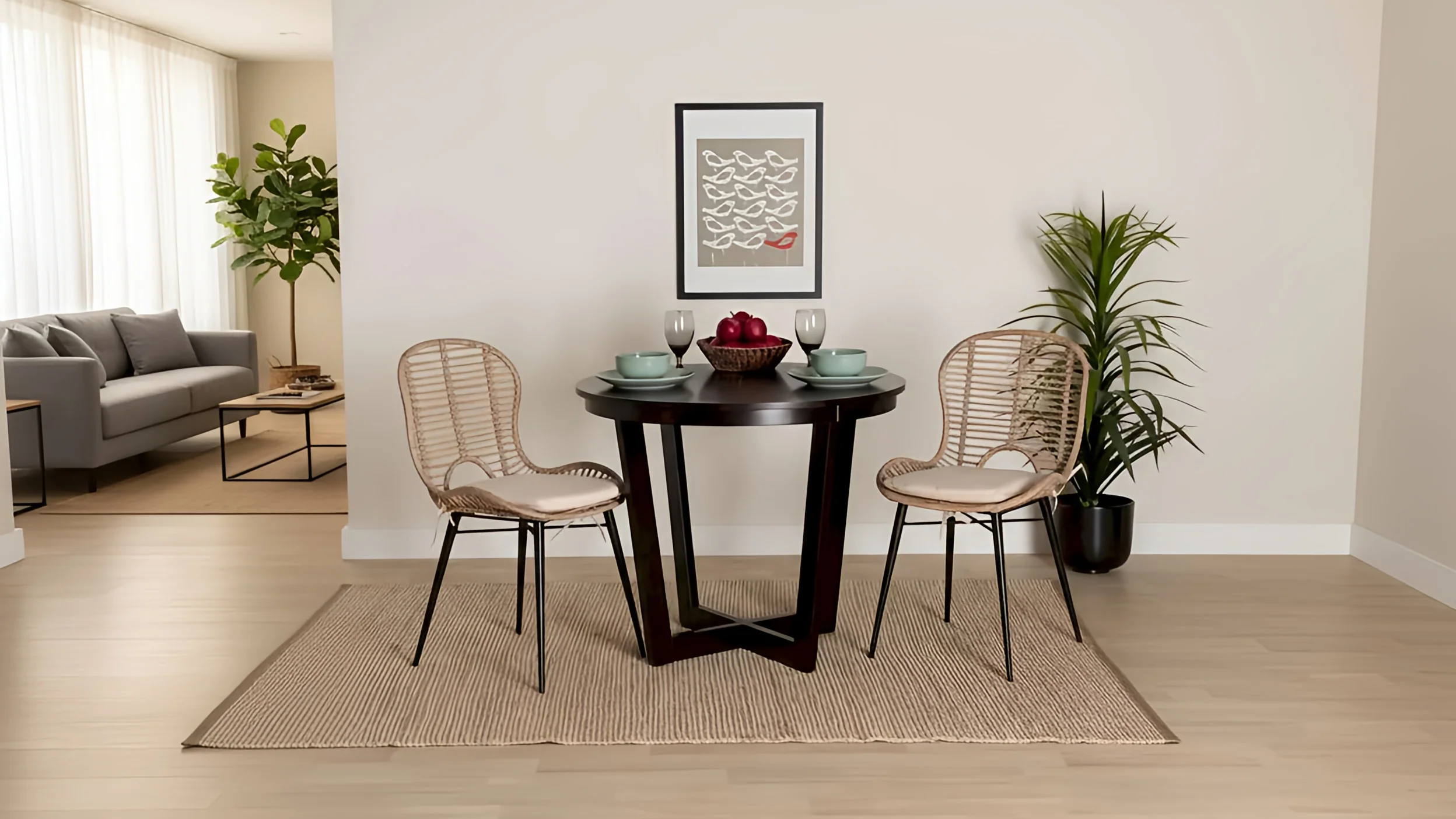 Modern Bohemian Rattan and Metal 2-Piece Dining Chair Set
