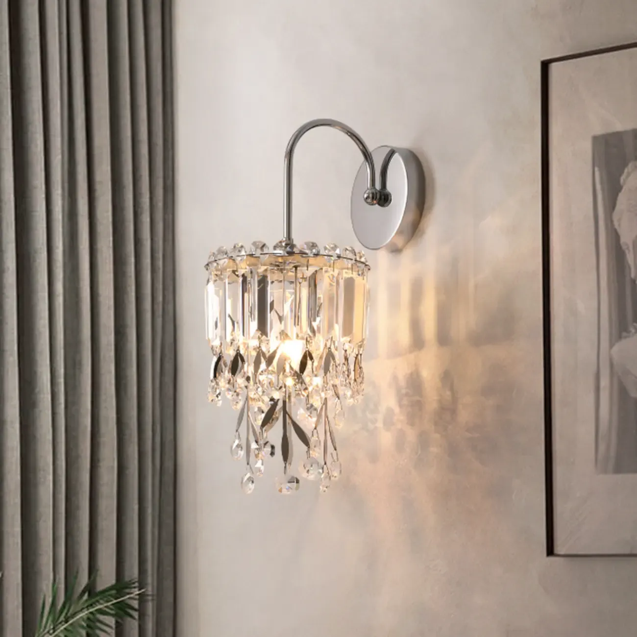 Glamorous Silver Gooseneck Tassel Crystal Wall Sconce